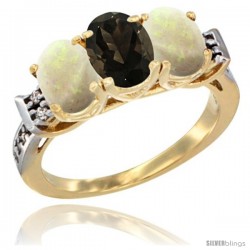 10K Yellow Gold Natural Smoky Topaz & Opal Sides Ring 3-Stone Oval 7x5 mm Diamond Accent