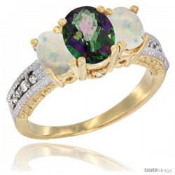 10K Yellow Gold Ladies Oval Natural Mystic Topaz 3-Stone Ring with Opal Sides Diamond Accent