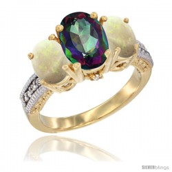 10K Yellow Gold Ladies 3-Stone Oval Natural Mystic Topaz Ring with Opal Sides Diamond Accent