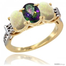 10K Yellow Gold Natural Mystic Topaz & Opal Sides Ring 3-Stone Oval 7x5 mm Diamond Accent