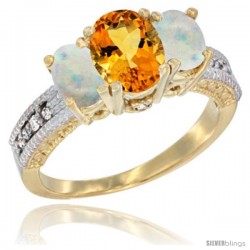 10K Yellow Gold Ladies Oval Natural Citrine 3-Stone Ring with Opal Sides Diamond Accent