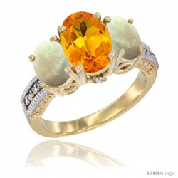 10K Yellow Gold Ladies 3-Stone Oval Natural Citrine Ring with Opal Sides Diamond Accent