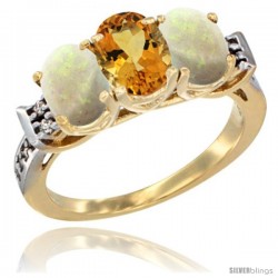 10K Yellow Gold Natural Citrine & Opal Sides Ring 3-Stone Oval 7x5 mm Diamond Accent