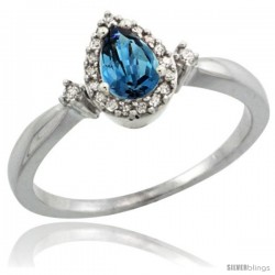 Sterling Silver Diamond Natural London Blue Topaz Ring 0.33 ct Tear Drop 6x4 Stone 3/8 in wide