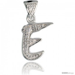 Sterling Silver Fancy Initial Letter E Initial Pendant CZ Stone, 3/4 in long