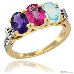 10K Yellow Gold Natural Amethyst, Pink Topaz & Aquamarine Ring 3-Stone Oval 7x5 mm Diamond Accent