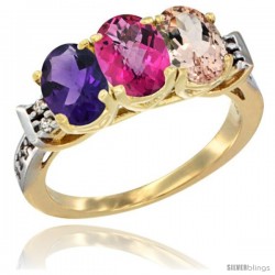 10K Yellow Gold Natural Amethyst, Pink Topaz & Morganite Ring 3-Stone Oval 7x5 mm Diamond Accent