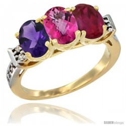 10K Yellow Gold Natural Amethyst, Pink Topaz & Ruby Ring 3-Stone Oval 7x5 mm Diamond Accent