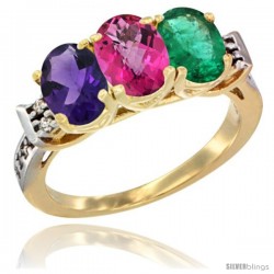 10K Yellow Gold Natural Amethyst, Pink Topaz & Emerald Ring 3-Stone Oval 7x5 mm Diamond Accent