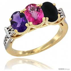 10K Yellow Gold Natural Amethyst, Pink Topaz & Black Onyx Ring 3-Stone Oval 7x5 mm Diamond Accent