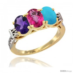 10K Yellow Gold Natural Amethyst, Pink Topaz & Turquoise Ring 3-Stone Oval 7x5 mm Diamond Accent