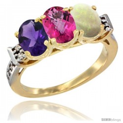 10K Yellow Gold Natural Amethyst, Pink Topaz & Opal Ring 3-Stone Oval 7x5 mm Diamond Accent