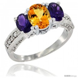 10K White Gold Ladies Oval Natural Citrine 3-Stone Ring with Amethyst Sides Diamond Accent