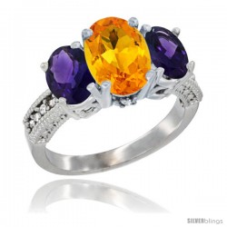 10K White Gold Ladies Natural Citrine Oval 3 Stone Ring with Amethyst Sides Diamond Accent