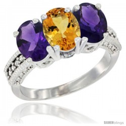 10K White Gold Natural Citrine & Amethyst Sides Ring 3-Stone Oval 7x5 mm Diamond Accent