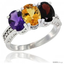 10K White Gold Natural Amethyst, Citrine & Garnet Ring 3-Stone Oval 7x5 mm Diamond Accent