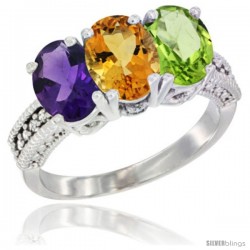 10K White Gold Natural Amethyst, Citrine & Peridot Ring 3-Stone Oval 7x5 mm Diamond Accent