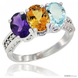 10K White Gold Natural Amethyst, Citrine & Aquamarine Ring 3-Stone Oval 7x5 mm Diamond Accent