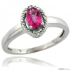 Sterling Silver Diamond Halo Natural Pink Topaz Ring 0.75 Carat Oval Shape 6X4 mm, 3/8 in (9mm) wide