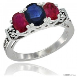 14K White Gold Natural Blue Sapphire & Ruby Ring 3-Stone Oval with Diamond Accent