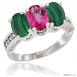 10K White Gold Natural Pink Topaz & Malachite Sides Ring 3-Stone Oval 7x5 mm Diamond Accent