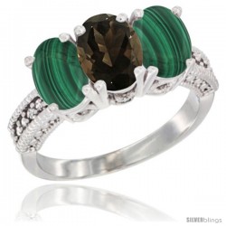 10K White Gold Natural Smoky Topaz & Malachite Sides Ring 3-Stone Oval 7x5 mm Diamond Accent