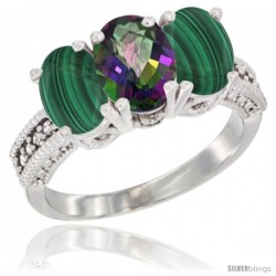 10K White Gold Natural Mystic Topaz & Malachite Sides Ring 3-Stone Oval 7x5 mm Diamond Accent