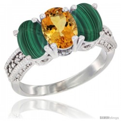 10K White Gold Natural Citrine & Malachite Sides Ring 3-Stone Oval 7x5 mm Diamond Accent