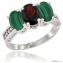 10K White Gold Natural Garnet & Malachite Sides Ring 3-Stone Oval 7x5 mm Diamond Accent