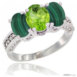 10K White Gold Natural Peridot & Malachite Sides Ring 3-Stone Oval 7x5 mm Diamond Accent