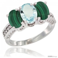 10K White Gold Natural Aquamarine & Malachite Sides Ring 3-Stone Oval 7x5 mm Diamond Accent