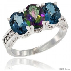 14K White Gold Natural Mystic Topaz & London Blue Topaz Sides Ring 3-Stone 7x5 mm Oval Diamond Accent