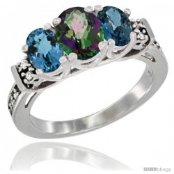 14K White Gold Natural Mystic Topaz & London Blue Ring 3-Stone Oval with Diamond Accent