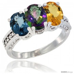 14K White Gold Natural London Blue Topaz, Mystic Topaz & Citrine Ring 3-Stone 7x5 mm Oval Diamond Accent