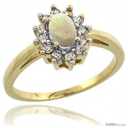 10k Yellow Gold Opal Diamond Halo Ring Oval Shape 1.2 Carat 6X4 mm, 1/2 in wide