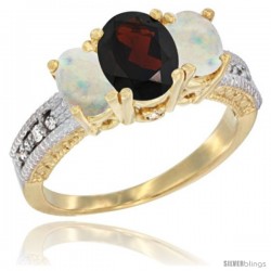 10K Yellow Gold Ladies Oval Natural Garnet 3-Stone Ring with Opal Sides Diamond Accent