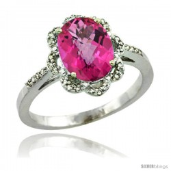 Sterling Silver Diamond Halo Natural Pink Topaz Ring 1.65 Carat Oval Shape 9X7 mm, 7/16 in (11mm) wide