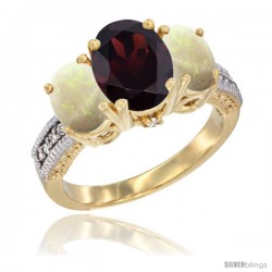 10K Yellow Gold Ladies 3-Stone Oval Natural Garnet Ring with Opal Sides Diamond Accent