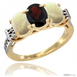 10K Yellow Gold Natural Garnet & Opal Sides Ring 3-Stone Oval 7x5 mm Diamond Accent