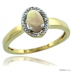 10k Yellow Gold Diamond Halo Opal Ring 0.75 Carat Oval Shape 6X4 mm, 3/8 in (9mm) wide