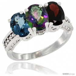 14K White Gold Natural London Blue Topaz, Mystic Topaz & Garnet Ring 3-Stone 7x5 mm Oval Diamond Accent