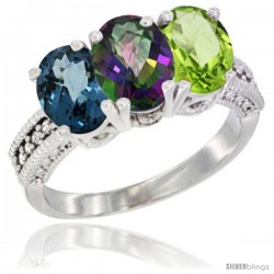 14K White Gold Natural London Blue Topaz, Mystic Topaz & Peridot Ring 3-Stone 7x5 mm Oval Diamond Accent