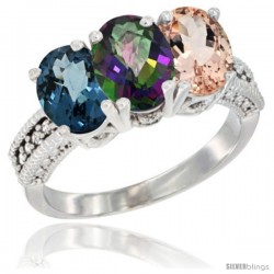 14K White Gold Natural London Blue Topaz, Mystic Topaz & Morganite Ring 3-Stone 7x5 mm Oval Diamond Accent