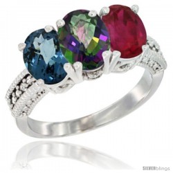 14K White Gold Natural London Blue Topaz, Mystic Topaz & Ruby Ring 3-Stone 7x5 mm Oval Diamond Accent