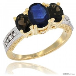 14k Yellow Gold Ladies Oval Natural Blue Sapphire 3-Stone Ring with Smoky Topaz Sides Diamond Accent