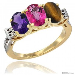 10K Yellow Gold Natural Amethyst, Pink Topaz & Tiger Eye Ring 3-Stone Oval 7x5 mm Diamond Accent