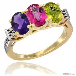 10K Yellow Gold Natural Amethyst, Pink Topaz & Lemon Quartz Ring 3-Stone Oval 7x5 mm Diamond Accent