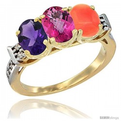 10K Yellow Gold Natural Amethyst, Pink Topaz & Coral Ring 3-Stone Oval 7x5 mm Diamond Accent