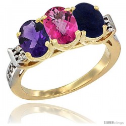 10K Yellow Gold Natural Amethyst, Pink Topaz & Lapis Ring 3-Stone Oval 7x5 mm Diamond Accent