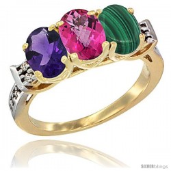 10K Yellow Gold Natural Amethyst, Pink Topaz & Malachite Ring 3-Stone Oval 7x5 mm Diamond Accent